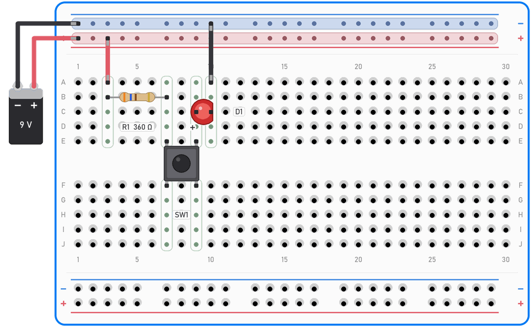 LED-ica s tipkalom na breadboardu: baterija 9 V, otpornik 360 oma u B3 i B7, tipkalo preko srednjeg razmaka, LED-ica u C9 i C10